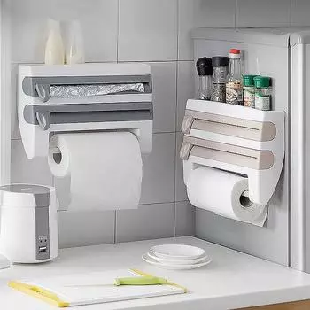 Многофункциональный кухонный органайзер, настенный стеллаж для хранения из оловянной фольги, коробка для консервирующей пленки, диспенсер для соуса, рулон бумаги, ящик для хранения хаки