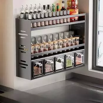 Многофункциональный настенный стеллаж для хранения кухонных приправ без перфорации