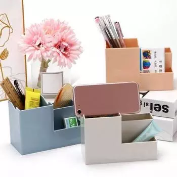 Многофункциональный настольный держатель для ручек, канцелярские принадлежности, инструменты для макияжа, органайзер, сплошной цвет, пластиковая коробка, настольный держатель для мобильного телефона, офисные, школьные принадлежности синий