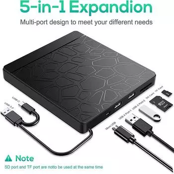 Многофункциональный оптический привод Spot: Устройство записи USB/DVD с двойным интерфейсом и кард-ридер 5-в-1 Stone Pattern Card Slot (Read Only)