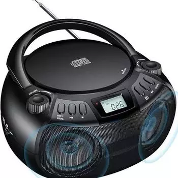 Многофункциональный портативный Bluetooth-плеер для компакт-дисков, радио, двойной динамик, стереоаудиовход, USB чёрный