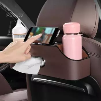 Многофункциональный ящик для хранения на спинке сиденья автомобиля с держателем для бутылок, большая вместимость, универсальный, легко устанавливаемый ящик для салфеток на сиденье автомобиля с крючками 1pc чёрный