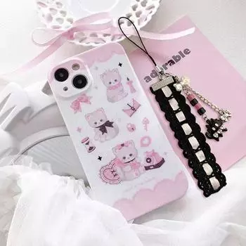 Многофункциональный ремешок для мобильного телефона, черная кружевная лента с изображением кота, подвеска для телефона, держатель для карт, ремешок, портативный аксессуар для женщин