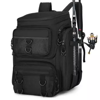 Многофункциональный рыболовный рюкзак – большая вместимость 36–55 л, 900D водонепроницаемая камуфляжная сумка для хранения снастей с держателем удилища 45.7cm*36.6cm*25.4cm чёрный