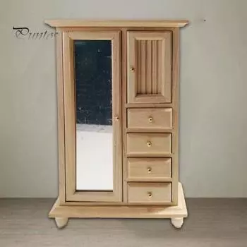 Многофункциональный шкаф для кукольного домика Solid Scale 1:12 украшений для главной спальни, кукольный домик, деревянный зеркальный шкаф для детей цвет старого дерева