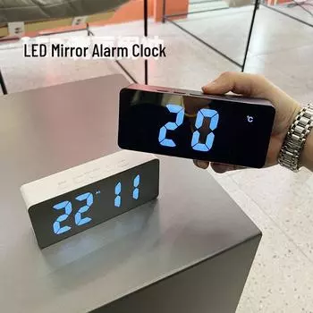 Многофункциональный светодиодный зеркальный будильник с двумя вариантами питания и подсветкой для макияжа белый
