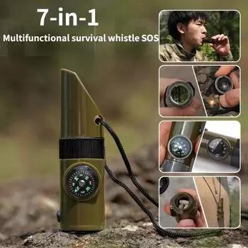 Многофункциональный свисток «семь в одном» для кемпинга на открытом воздухе, свисток для выживания, спасательный свисток, компас, термометр 7-in-1 армия зеленый