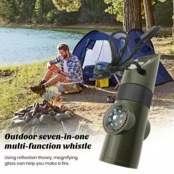 Многофункциональный свисток со светодиодным фонариком, компас, лупа, термометр, портативный 7-в-1, свисток для кемпинга и пешего туризма, на открытом воздухе армия зеленый