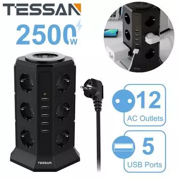 Многофункциональный удлинитель с 12 разъемами, 5 USB-портами для зарядки и шнуром питания длиной 2 м для динамика телефона, вилка европейского стандарта