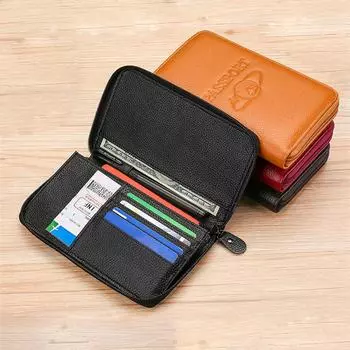 Многофункциональный винтажный кошелек из натуральной кожи, дорожная книжка для паспорта, кошелек на молнии, RFID-бумажник большой емкости, удостоверение личности, билет на рейс, держатель водительских прав чёрный