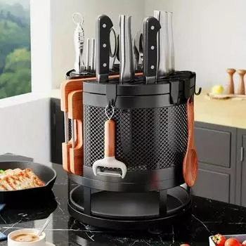 Многофункциональный вращающийся держатель для палочек для еды, держатель для кухонных ножей, встроенная полка для хранения, контейнер для хранения слива чёрный