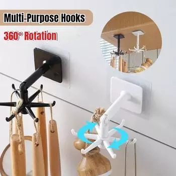 Многофункциональный вращающийся крючок для кухонного хранения, 360-градусный бесшовный крючок с шестью лапками, многофункциональный крючок для дома без проколов 1PC чёрный