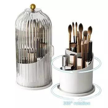 Многофункциональный вращающийся на 360 градусов органайзер для кистей для макияжа с прозрачной крышкой, пылезащитный, большой емкости чёрный/чистый