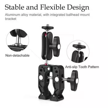 Многофункциональный зажим Super Clamp из алюминиевого сплава с двойной вращающейся на 360 градусов шаровой головкой, винт 1/4 дюйма чёрный