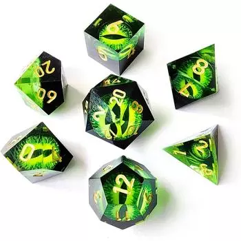 Многогранные игральные кости с острым краем «Глаз дракона», игральные кости «Глаз дракона» ручной работы для ролевой игры (Зеленый глаз набор) зелёный/золотой