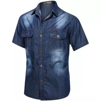 Многокарманная ретро-повседневная джинсовая рубашка, летняя тонкая секция, красивая молодежная рабочая рубашка, большой размер, удобные и прочные мужские топы, модный тренд M светло-синий