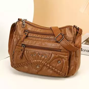 Многокарманная сумка для мам, женская сумка среднего возраста, ретро-сумка из мягкой кожи, многослойная, большой емкости, через плечо серый