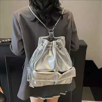 Многокарманная сумка-локомотив с цепочкой и заклепками, ретро-рюкзак большой вместимости, универсальная сумка-мессенджер через плечо серебряный