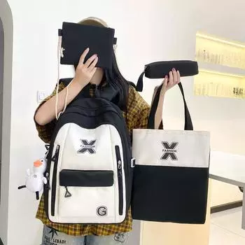 Многокомпонентный рюкзак, набор, цветной блок, студенческий школьный рюкзак, женский нейлоновый рюкзак большой вместимости для средней школы чёрный