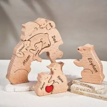 Многоязычные индивидуальные деревянные настольные украшения, персонализированная тематика «Медведь, семья», головоломка в форме сердца, подарок на День матери для влюбленных и отцов