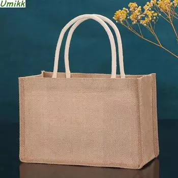 Многоразовая сумка для покупок из мешковины, пустая джутовая женская сумка для продуктов с ручкой, большая вместительная дорожная сумка для хранения, пляжная сумка в стиле ретро Small 22X16X13cm