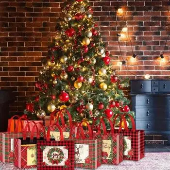 Многоразовые клетчатые сумки для рождественских и пасхальных подарков, нетканые сумки для женщин, складные сумки большой вместимости для покупок, органайзеры для хранения сумок 32.5x25x17cm