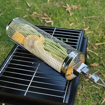 Многоразовый термостойкий барбекю, легко чистящийся сетчатый цилиндр, корзина для гриля для барбекю, кухонный инструмент, корзина для гриля на роликах A