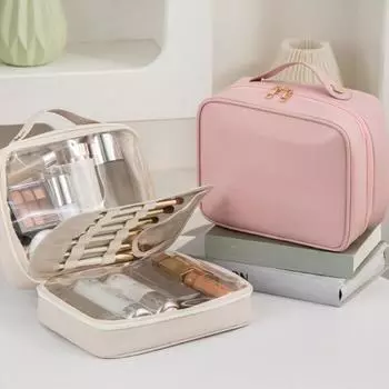 Многосекционная косметичка с ручкой, большой вместимостью, легким доступом, водонепроницаемый органайзер для косметики, косметичка бежевый