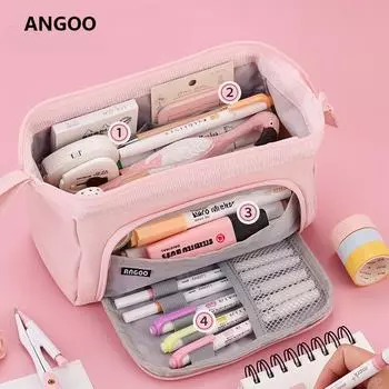 Многосекционные пеналы большой емкости, двухслойная коробка для канцелярских принадлежностей, простая однотонная сумка для учеников начальной и средней школы, креативная переносная сумка для ручек чёрный