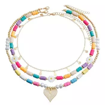 Многослойная цепочка-колье с бусинами и подвеской в виде ромашки, богемная радужная цепочка на ключицу с подвеской в виде сердца из мягкой керамики для женщин золотой