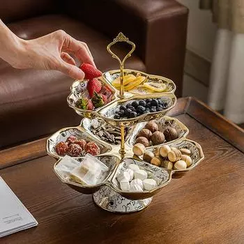 Многослойная керамическая тарелка с фруктами Современная роскошная позолоченная двухслойная перегородка Тарелка с фруктами Десертная тарелка Закусочная тарелка
