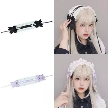 Многослойная кружевная заколка для волос с рюшами для девочек, кружевной бант с длинной лентой, головной убор, милый головной убор для горничной, французская повязка на голову чёрный