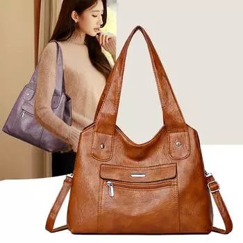 Многослойная мягкая кожаная сумка для мам среднего и пожилого возраста, женская сумка-тоут большой вместимости, винтажная сумка через плечо фиолетовый