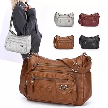 Многослойная мягкая кожаная сумка женская сумка через плечо сумка для мамы сумка среднего возраста чёрный