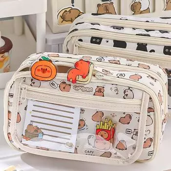 Многослойная сумка для канцелярских принадлежностей Capybara, прозрачные пеналы, холщовая сумка для карандашей Capybara, большая вместимость, мультяшный чехол для ручки для студентов