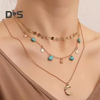 Многослойное бирюзовое ожерелье с подвеской в виде полумесяца, звезды, ожерелья с подвеской в стиле бохо, украшения для женщин и девочек золотистый