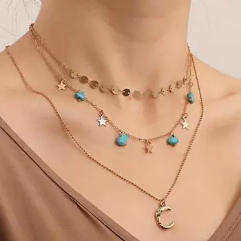 Многослойное бирюзовое ожерелье с подвеской в виде полумесяца, звезды, ожерелья с подвеской в стиле бохо, украшения для женщин и девочек золотистый