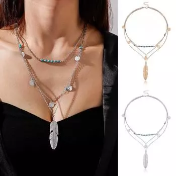 Многослойное длинное ожерелье для бирюзового пера, камня и блесток, ожерелье для женщин, цепочка для свитера с бисером серебряный