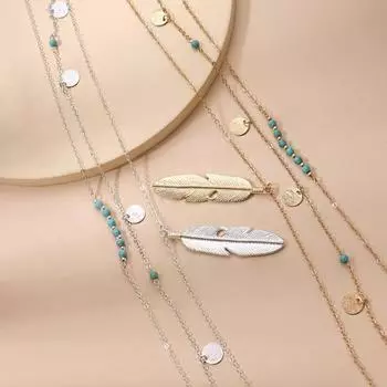 Многослойное длинное ожерелье для женщин, бирюзовый камень, ожерелье с блестками, перо, бисер, нить серебряный