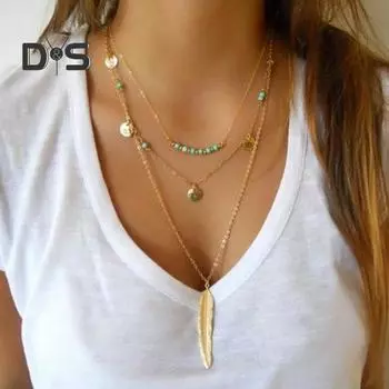 Многослойное длинное ожерелье для женщин, ожерелье с бирюзовым камнем и блестками, ожерелье из перьев и бисера, цепочка для свитера, модные бижутерия, подарки серебряный