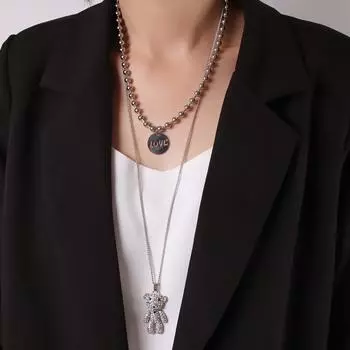 Многослойное двухслойное ожерелье-свитер с медведем, ожерелье-цепочка для девочек, нишевое дизайнерское ожерелье в стиле хип-хоп, модная подвеска с бриллиантовым медведем