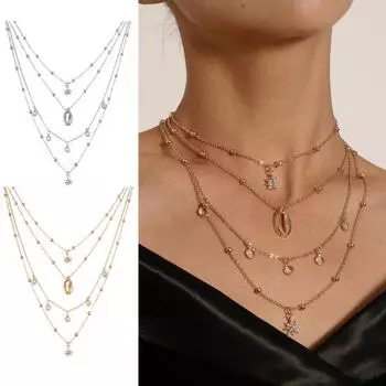 Многослойное колье в богемном стиле, ожерелье из ракушек с гексаграммой, хрустальное колье со стразами, очаровательное ожерелье с подвеской, многослойная ретро-цепочка для женщин и девочек серебряный