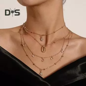 Многослойное колье в богемном стиле, ожерелье из ракушек с гексаграммой, хрустальное колье со стразами, очаровательное ожерелье с подвеской, многослойная ретро-цепочка для женщин и девочек серебряный