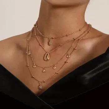 Многослойное колье в богемном стиле, ожерелье из ракушек с гексаграммой, хрустальное колье со стразами, очаровательное ожерелье с подвеской, многослойная ретро-цепочка для женщин и девочек серебряный