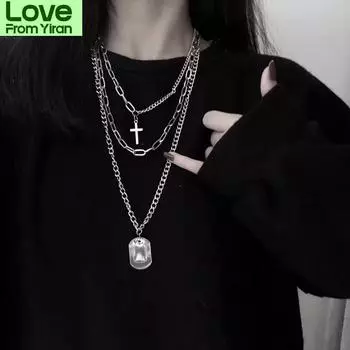 Многослойное ожерелье-цепочка для женщин и мужчин, длинное ожерелье в стиле хип-хоп и панк с подвеской в виде креста из нержавеющей стали, серебряный цвет, ювелирное изделие в подарок
