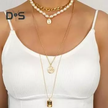 Многослойное ожерелье для женщин, 4-слойное ожерелье из искусственного жемчуга, комплект из золотой цепочки, свадебные украшения золотистый