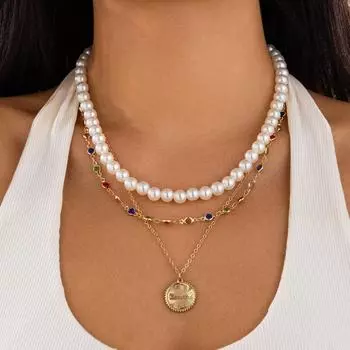 «Многослойное ожерелье из искусственного жемчуга с круглой подвеской из сплава» 5412 золотой