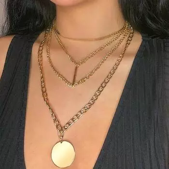 Многослойное ожерелье из золота в стиле панк 17 км для женщин, винтажное серебряное ожерелье с геометрическим круглым кулоном, колье-бабочка, ювелирные изделия