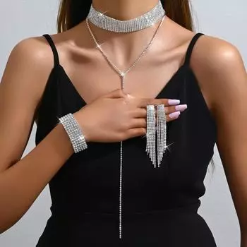 Многослойное ожерелье на шею, серьги, браслет, кольцо, комплект, полный бриллиантов, ювелирные изделия