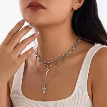 «Многослойное ожерелье с бриллиантовой подвеской в европейском и американском стиле панк — женская персонализированная цепочка из сплава на ключицу» k 5362